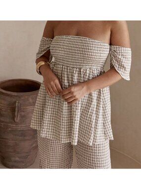Sabo‎ Sloane Top Off Shoulder Beige Plaid Babydoll Blouse Flutter Sleeve Size XL